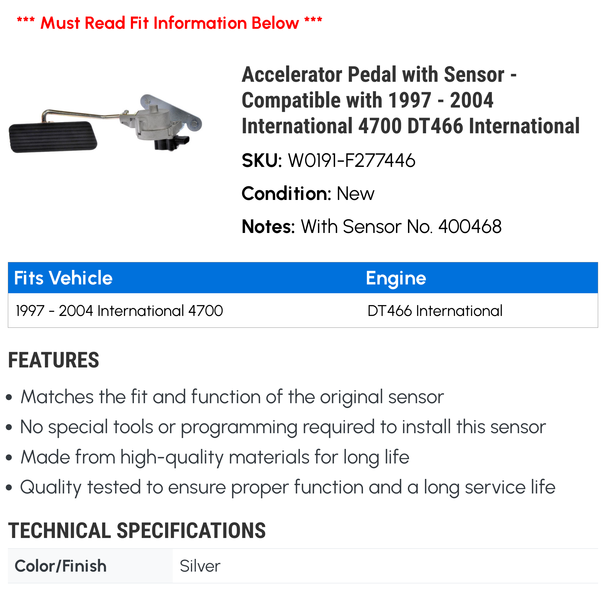 Accelerator Pedal with Sensor - Compatible with 1997 - 2004 International 4700 DT466 International 1998 1999 2000 2001 2002 2003