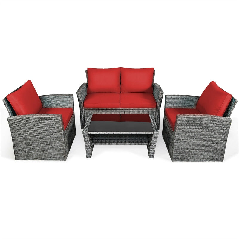 4 Pcs Rattan Patio Sectional Furniture Set with Storage Shelf Table, Cushioned Outdoor Wicker Conversation Sofa Set