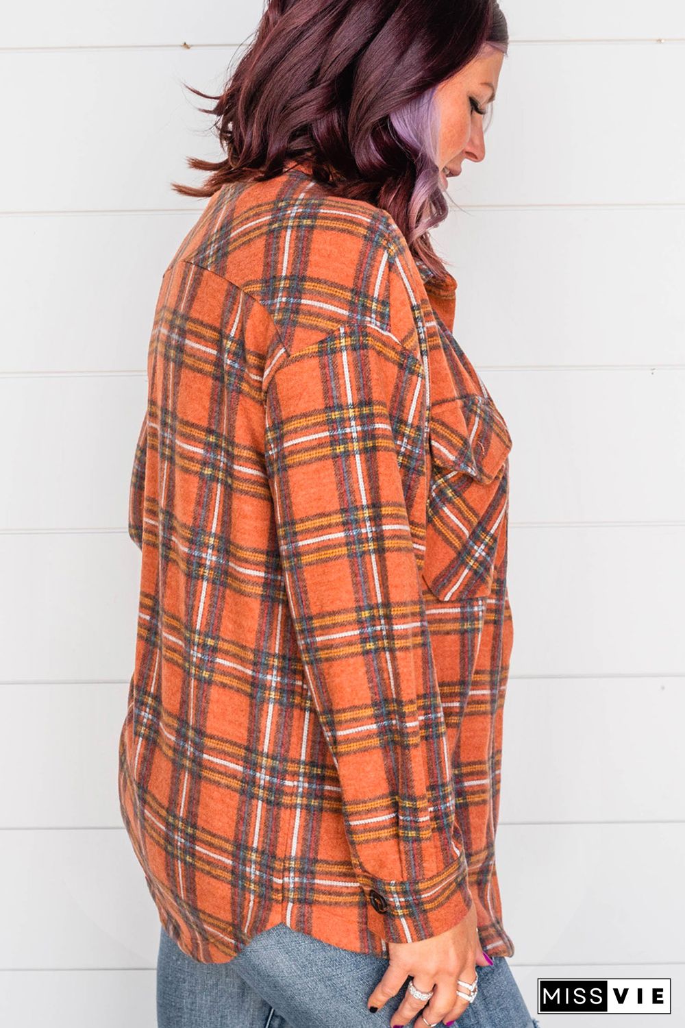 Orange Plus Size Plaid Pocketed Long Sleeve Shirt