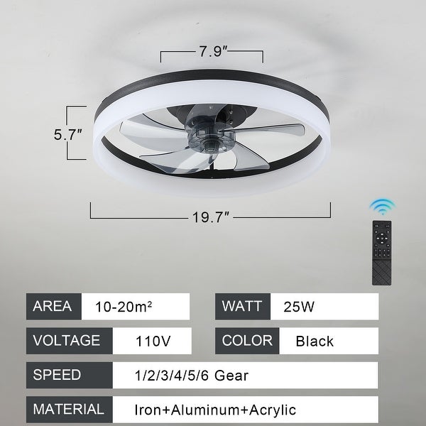 Oaks Aura 20in. Modern Low Profile Ceiling Fan with Light， Black Flush Mount Ceiling Fan with Remote for Bedroom Shopping - The Best Deals on Ceiling Fans | 41540736