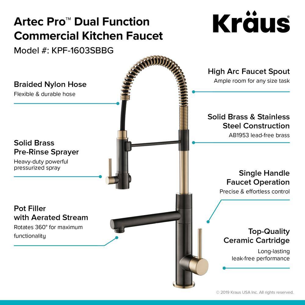 KRAUS Artec Pro Single Handle Pull Down Sprayer Kitchen Faucet with Pot Filler in Black Stainless SteelBrushed Gold KPF-1603SBBG