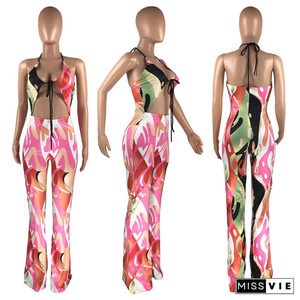 Elegant Printed Women Sleveeless Halter Hollow Out Party Clubwear Summer One Piece Wide Leg Jumpsuit