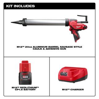 MW M12 12V Lithium-ion Cordless 20 oz. Aluminum Barrel Adhesive and Caulk Gun Kit with (1) 1.5Ah Battery  Charger 2442-21