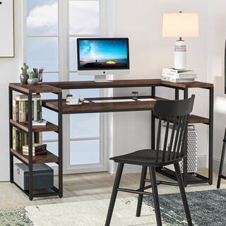 TRIBESIGNS WAY TO ORIGIN Heidi 63 in. Rectangular Black Metal Brown Particle Board Wood Computer Desk with Storage Shelves Monitor Printer Stand HD-F1352