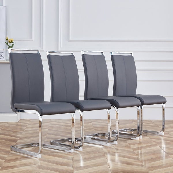 Set of 4 Modern Dining Chairs， PU Faux Leather High Back Upholstered Side Chair with C-shaped Tube Chrome Metal Legs