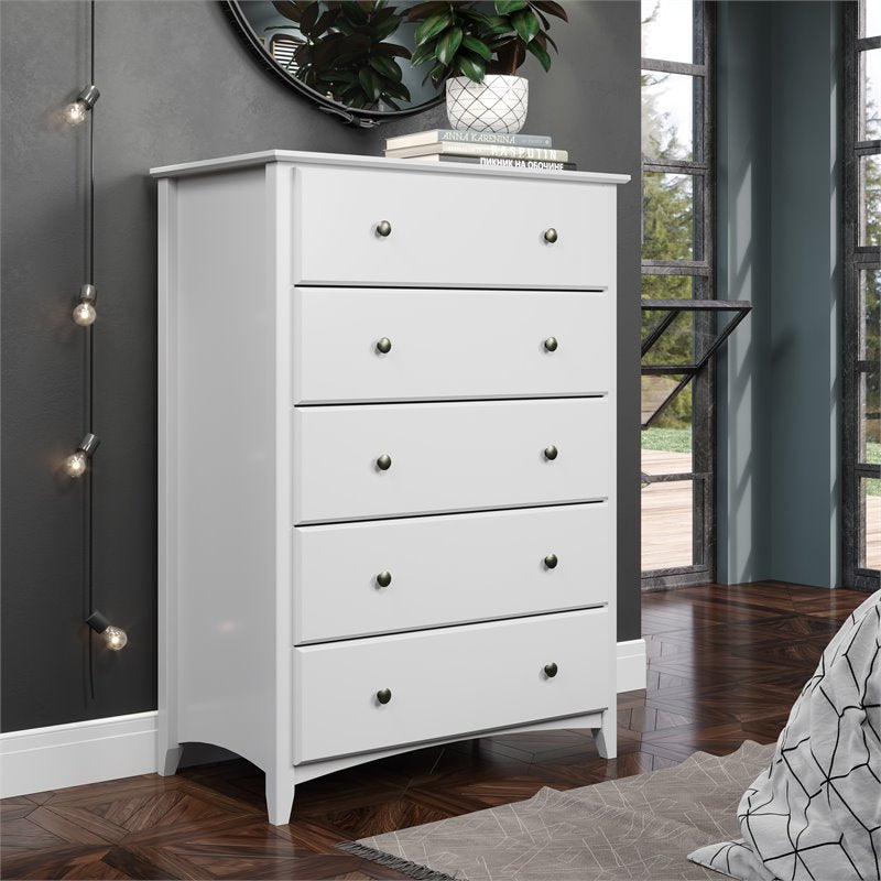 Camaflexi Shaker Style Solid Wood 5-Drawer Bedroom Chest in White