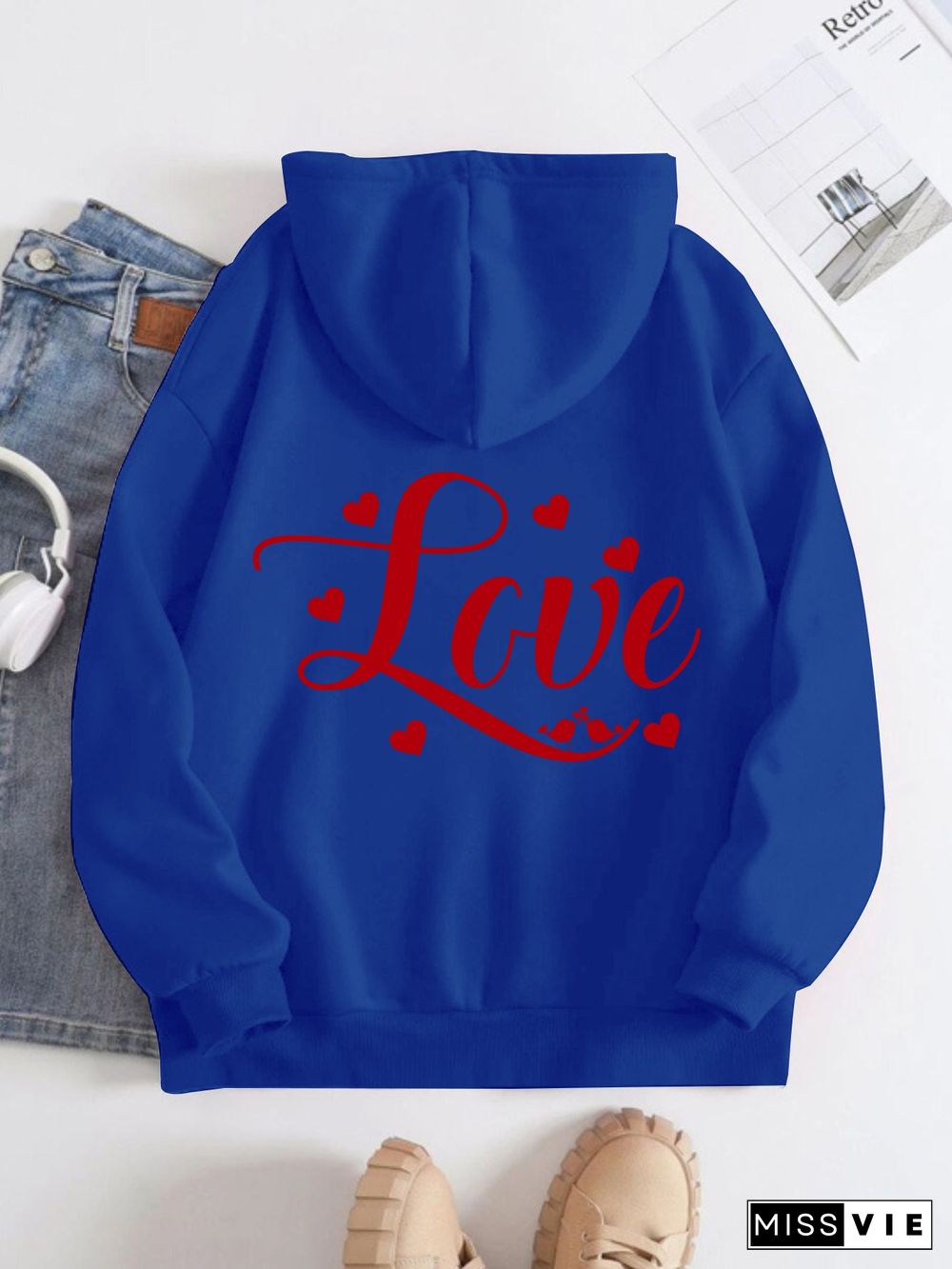 Printed on the Back Kangaroo Pocket Hoodie Long Sleeve for Women Pattern Love