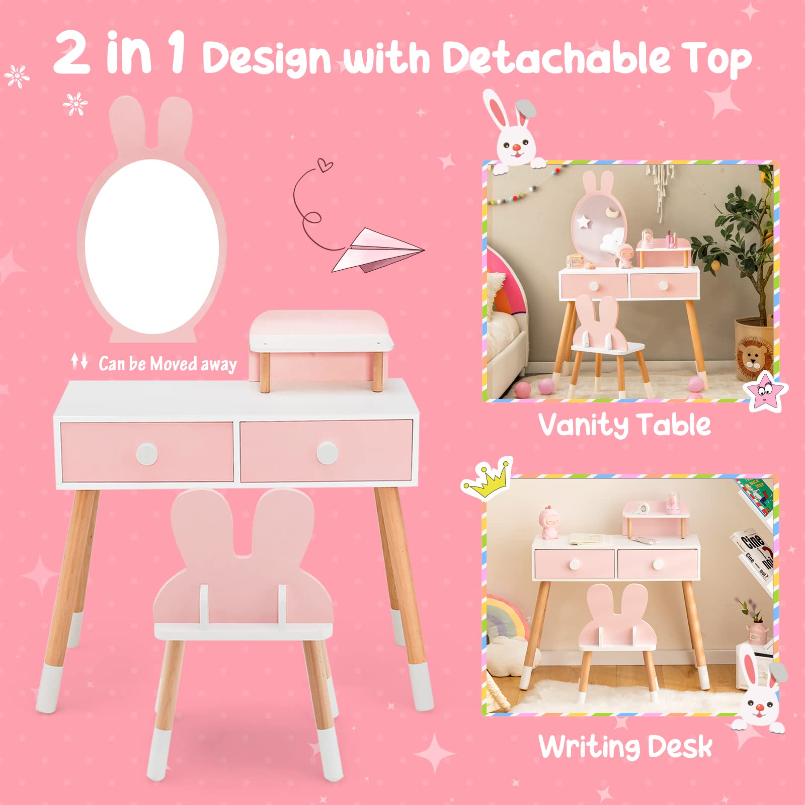 Costzon Kids Vanity Set, Girls Vanity Set with Mirror and Stool, Pretend Play Vanity Table and Chair Set for Toddlers