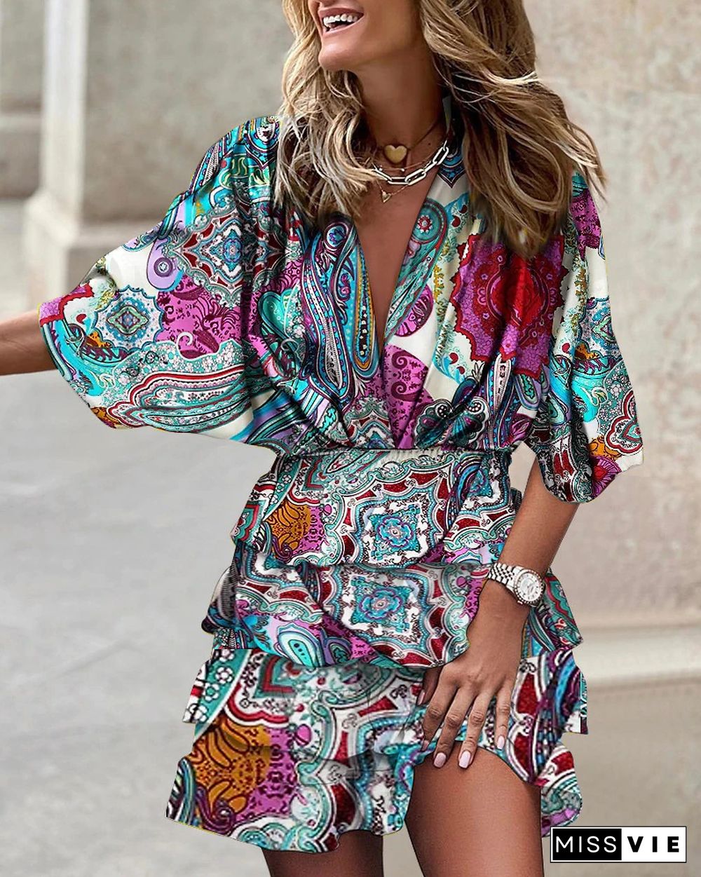 Summer Beach Boho Dress Bat Sleeve V-neck Hem Irregular Print Casual Dress Vestidos De Mujer