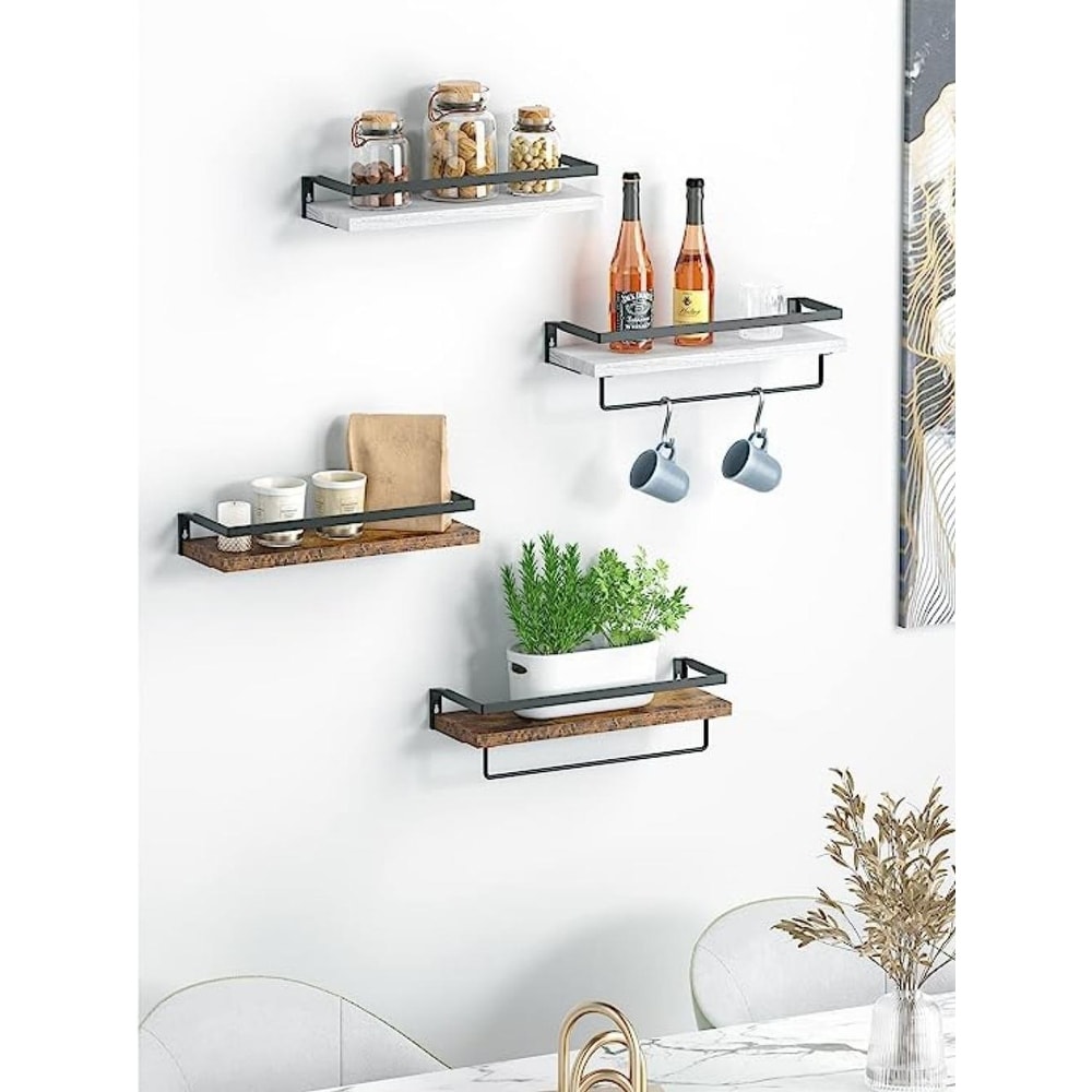 Floating Shelves Wall Mounted  Wall Shelves for Bathroom  Kitchen  Bedroom  Storage Shelf with Towel Bar  Set of 2