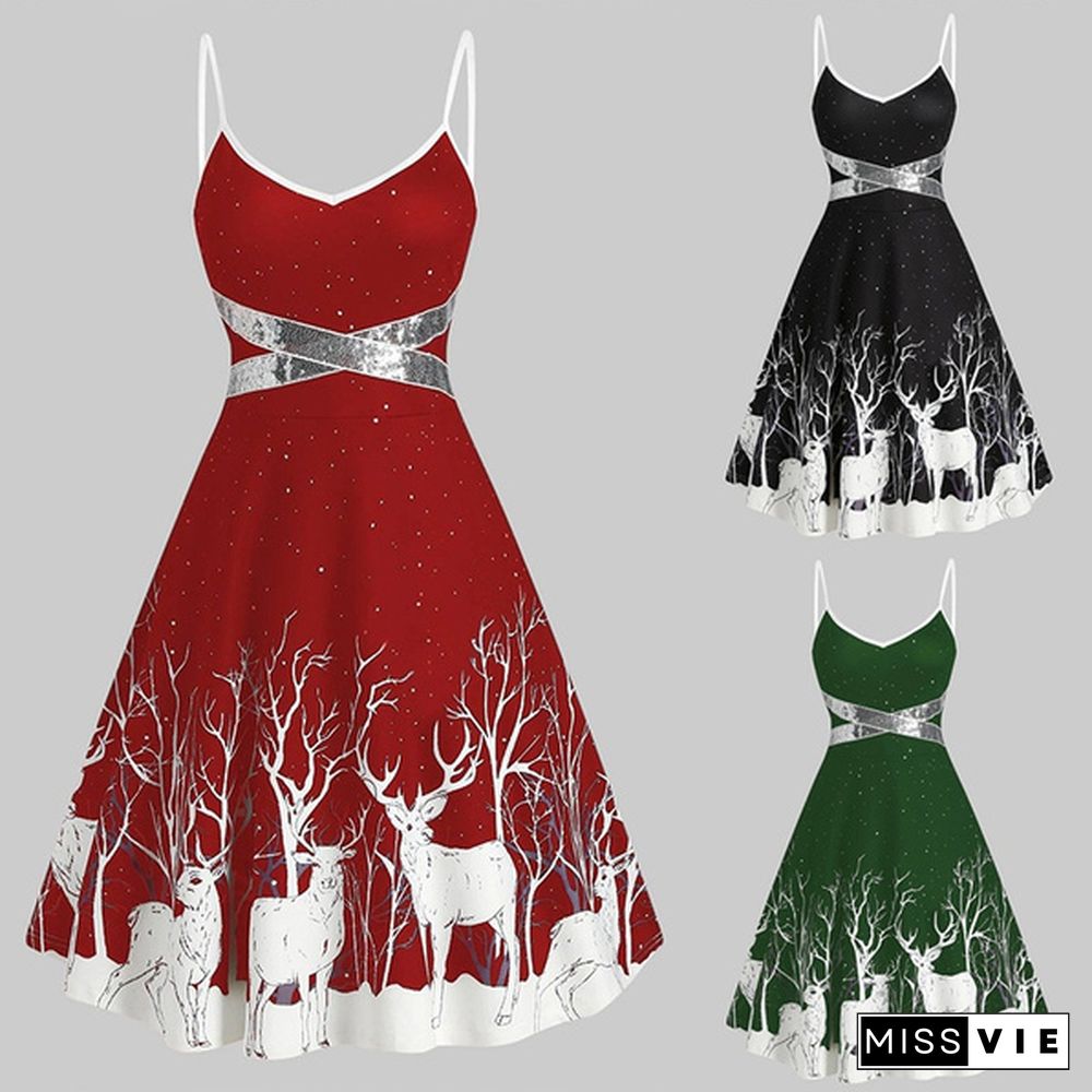 S-XXXL Fashion Suspender Skirt Christmas Print Sequin Patchwork Sleeveless Dress Santa Xmas Deer Skater Party Dresses