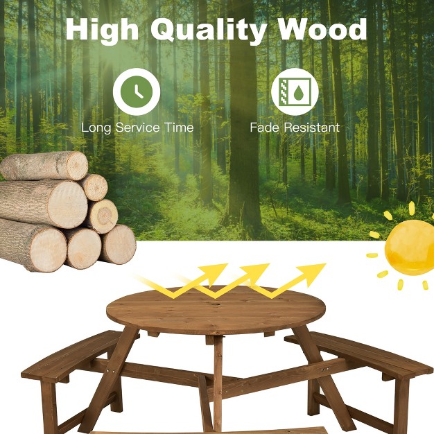 Costway 6 person Round Wooden Picnic Table Outdoor Table W Umbrella Hole amp Benches