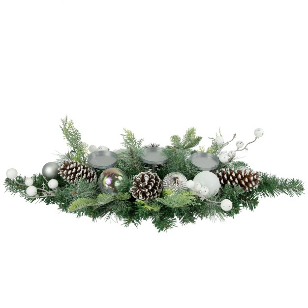 Green Pine Triple Candle Holder With Berries And Iridescent Christmas Ornaments