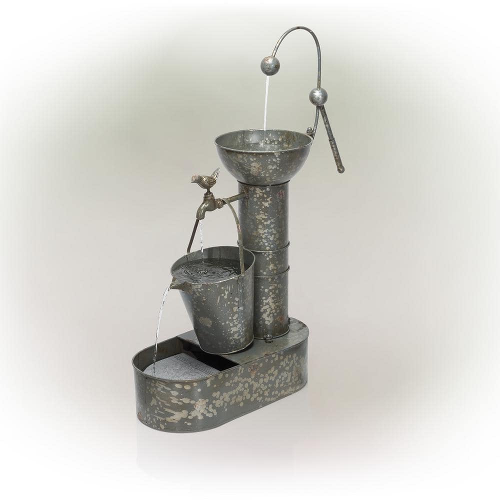 Alpine Corporation 34 in. Tall Outdoor 3-Tier Rustic Metal Water Pump Fountain MAZ186