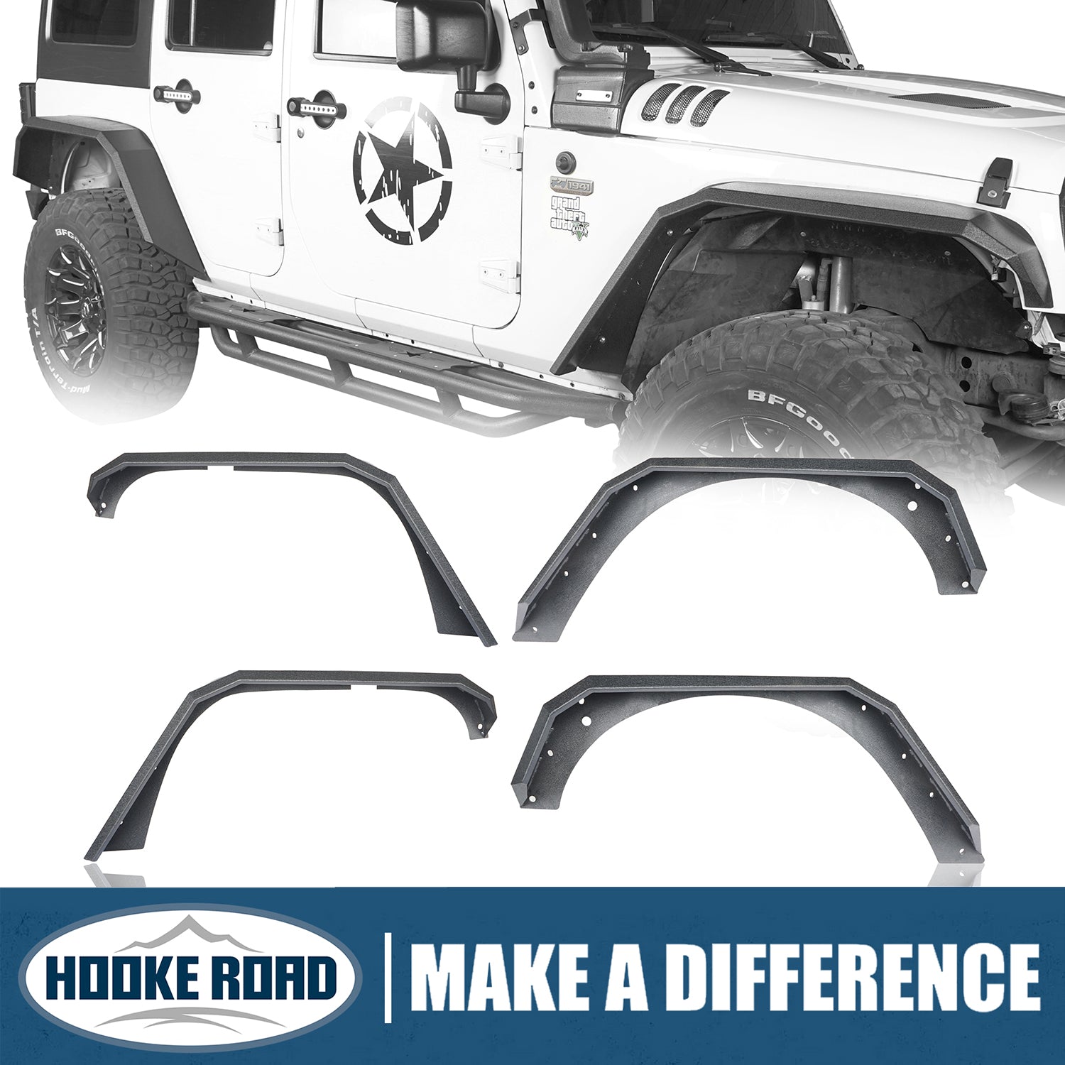 Hooke Road Fits Jeep Wrangler JK 2007-2018 Flat Tube Front and Rear Fender Flares