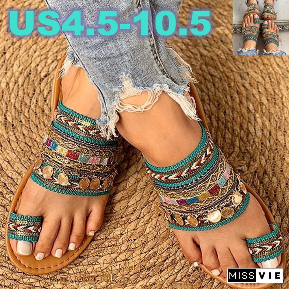 Women Fashion Summer Slipper Ethnic Boho Style Toe Ring Sandals