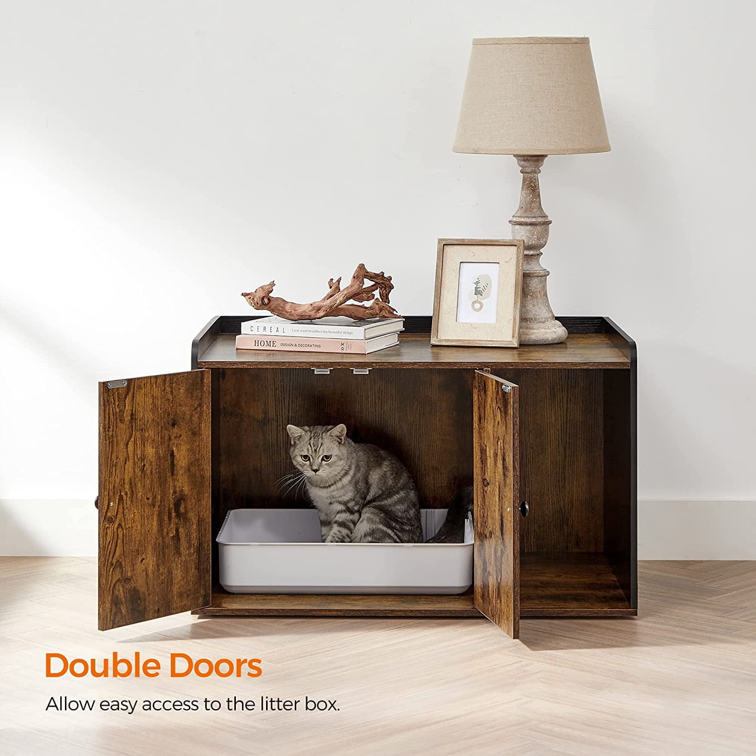 FEANDREA Cat Litter Box Enclosure，Wooden Hidden Cat Box Cabinet，Indoor Litter Box Furniture