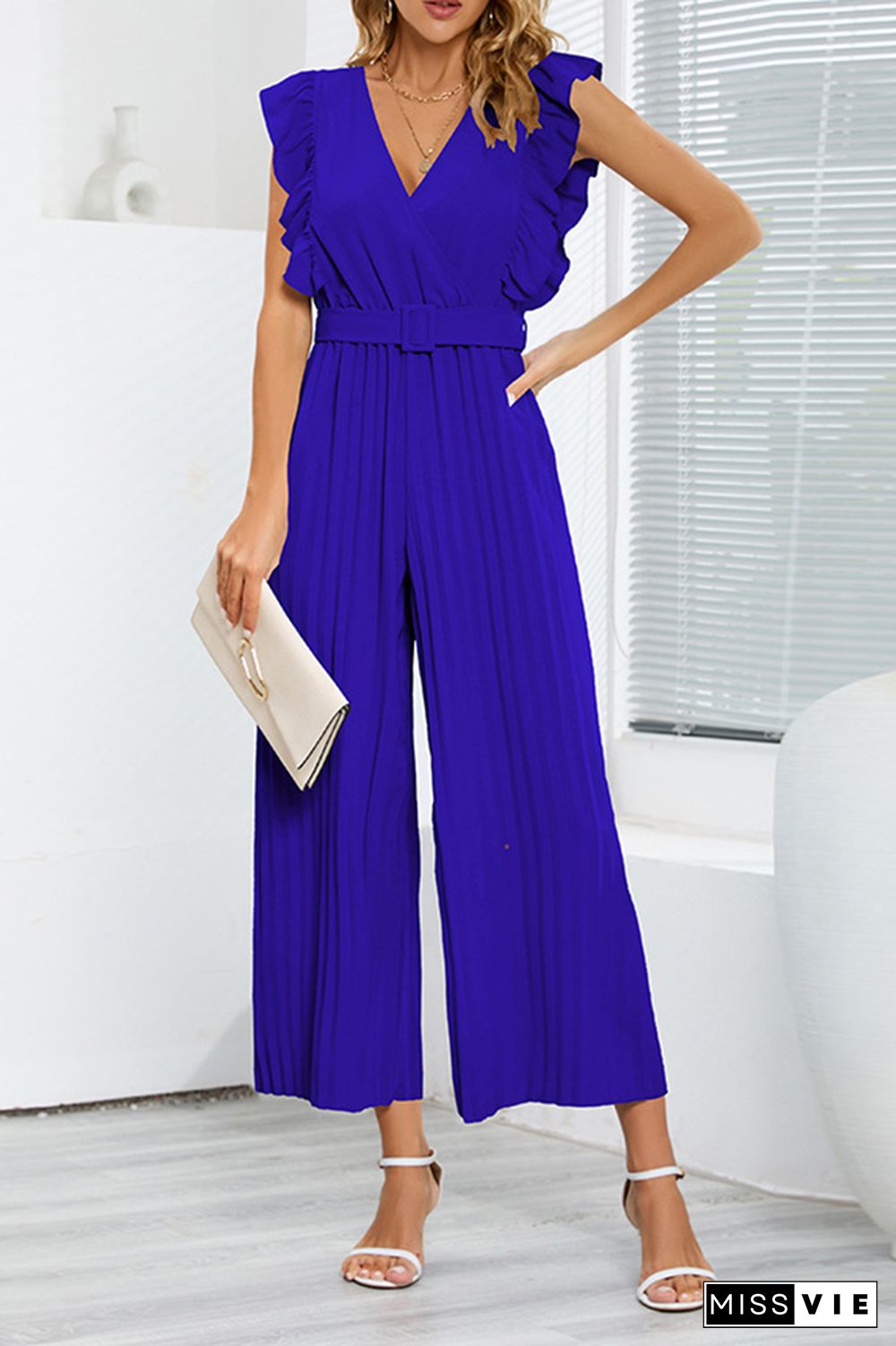 Sleeveless V Neck Ruffle Pleated Wide Leg Jumpsuit