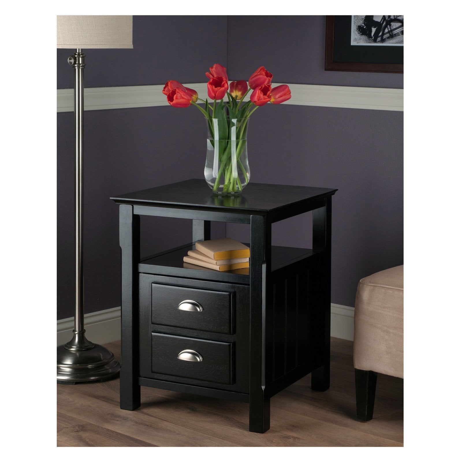 Winsome Wood Timber Nightstand with Door, Black Finish