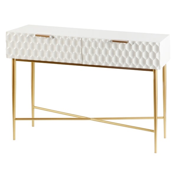 StyleCraft Glossy White Textured 2 Drawer Console Table with Gold Hardware