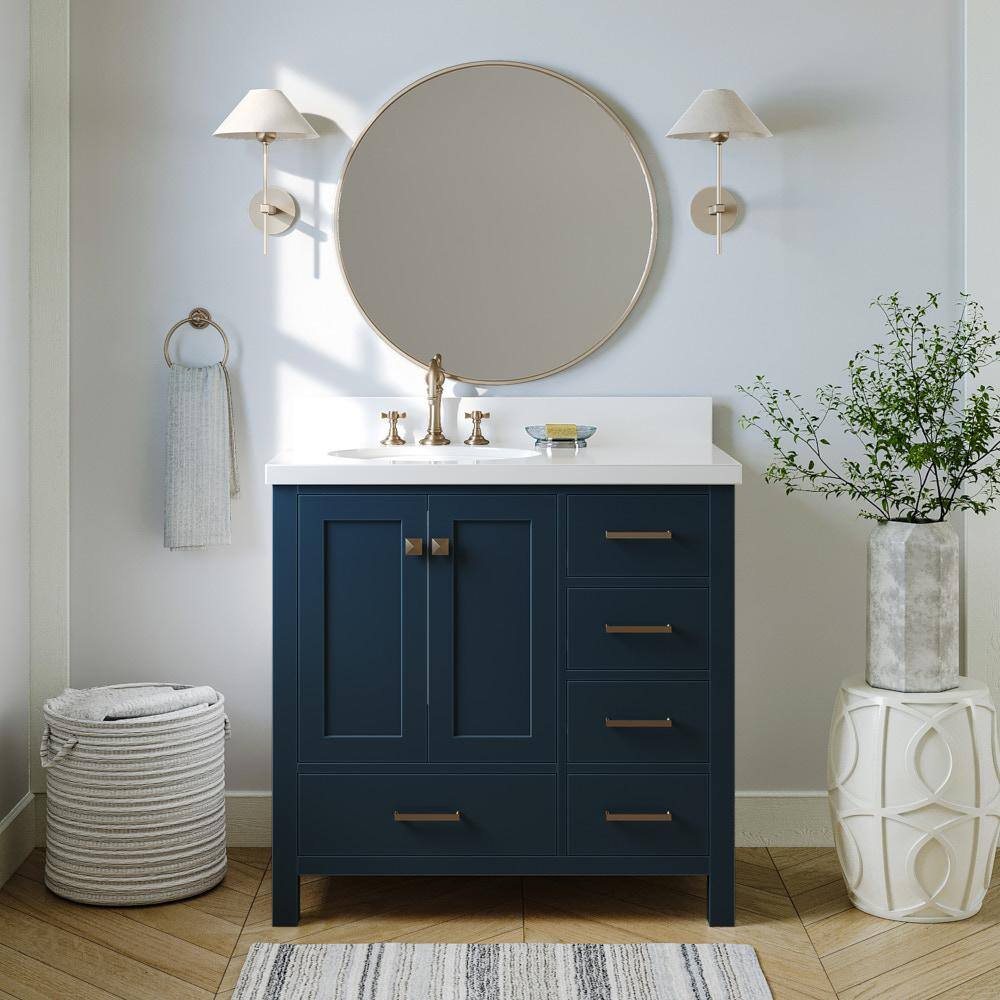 ARIEL Cambridge 37 in. W x 22 in. D x 35 in. H Vanity in Midnight Blue with Quartz Vanity Top in White with Basin A037SLWQOVOMNB