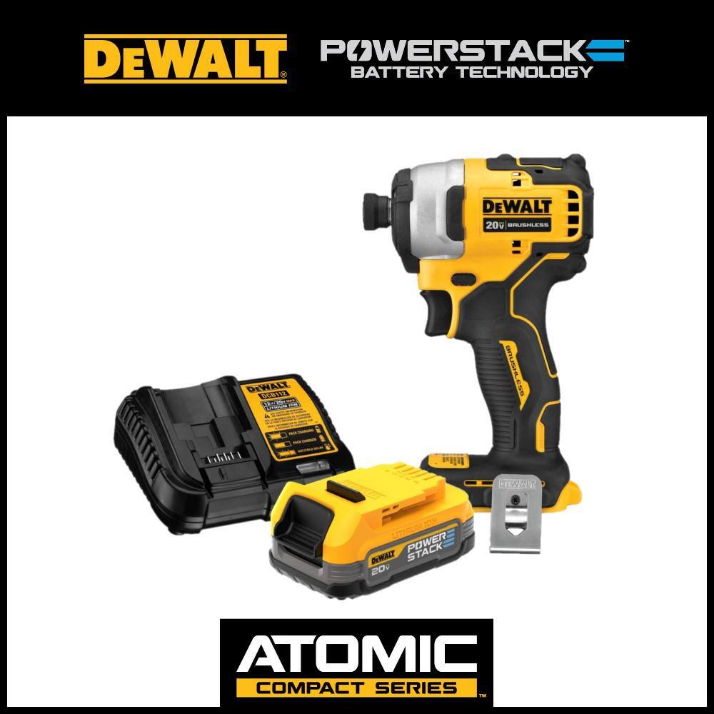 DW ATOMIC 20V MAX Brushless Cordless Compact 14 in. Impact Driver and 20V POWERSTACK Compact Battery Kit DCF809BWP034C