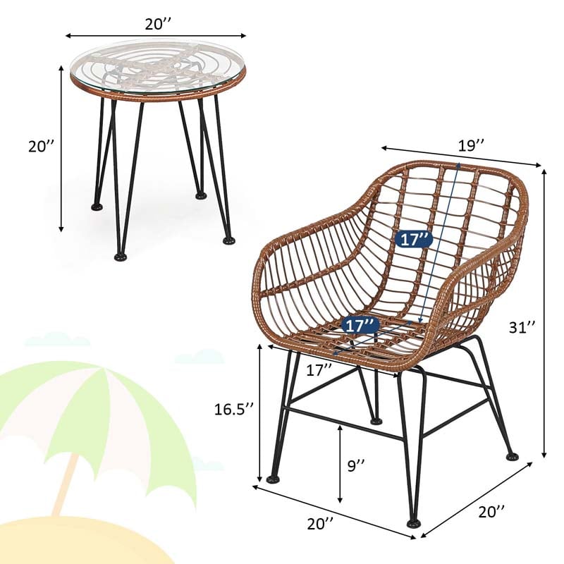 3 Pcs Patio Conversation Bistro Set Outdoor Rattan Furniture Set with Round Table & 2 Rattan Cushioned Armchairs