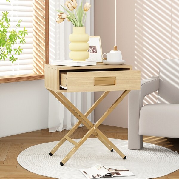 Contemporary Yellow Wood Side Table with Drawer and Wooden XLegs