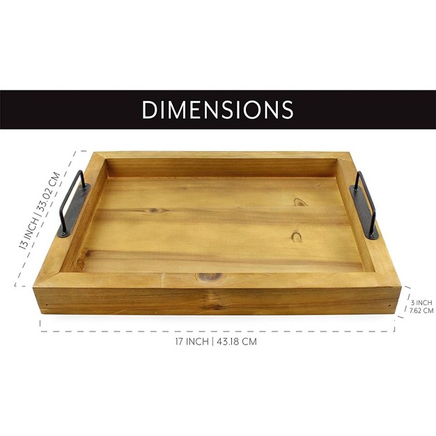 Auldhome Design Rustic Wood Serving Tray Farmhouse Shiplap Ottoman Tray W Black Metal Handles