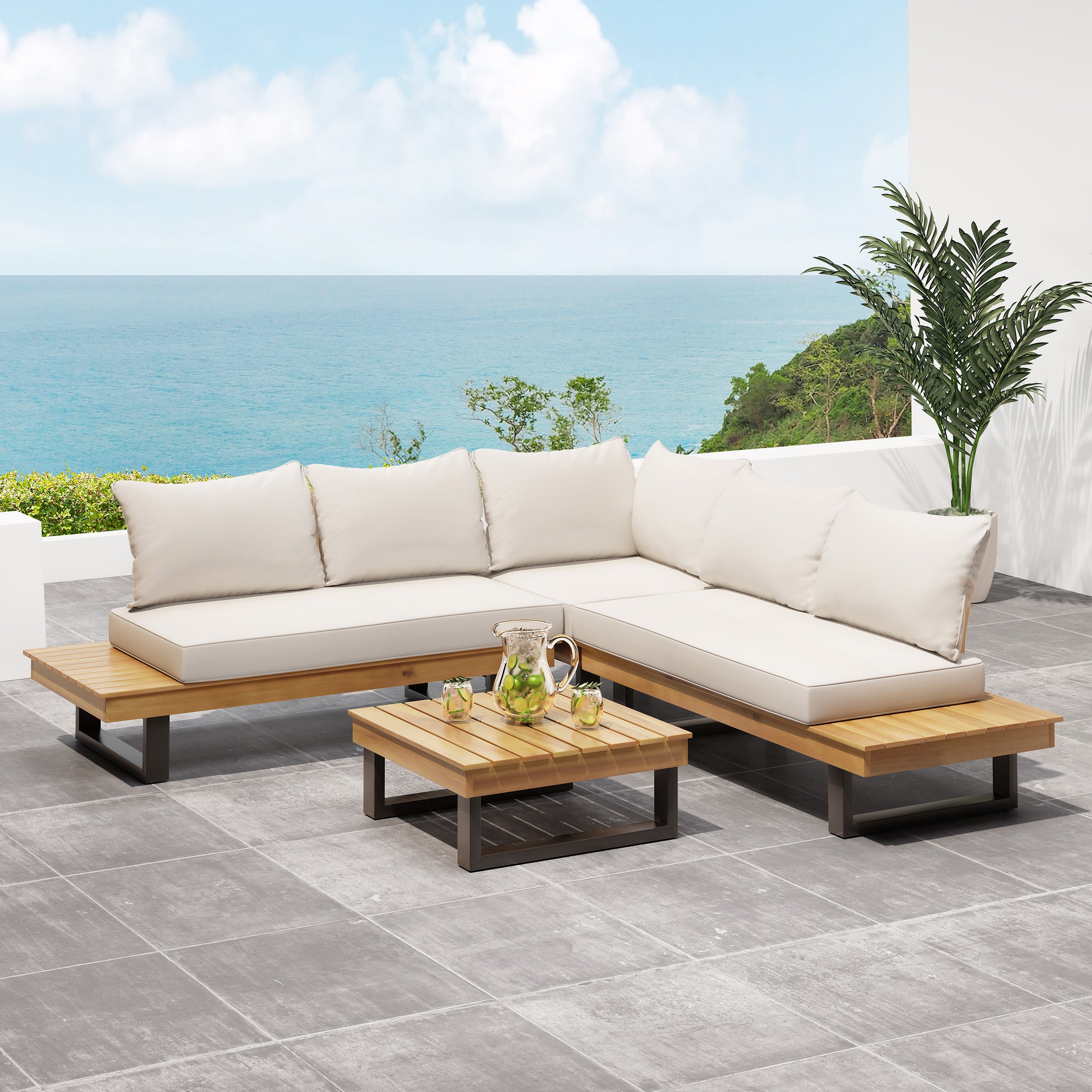 Sierra Outdoor Acacia Wood 5 Seater Sofa Sectional with Water-Resistant Cushions