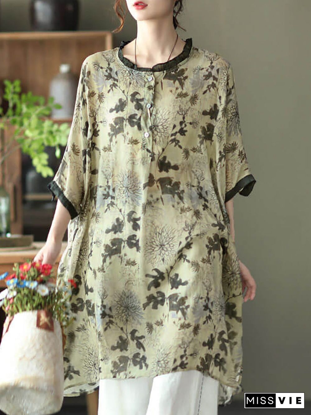 Plus Size - Ramie Floral Vintage Women Print Casual Shirt