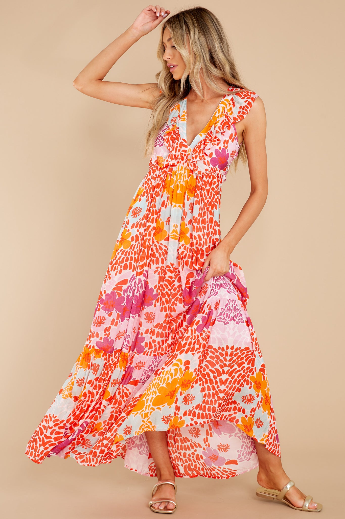 Antigua Orange Ruffle V-Neck Maxi Dress