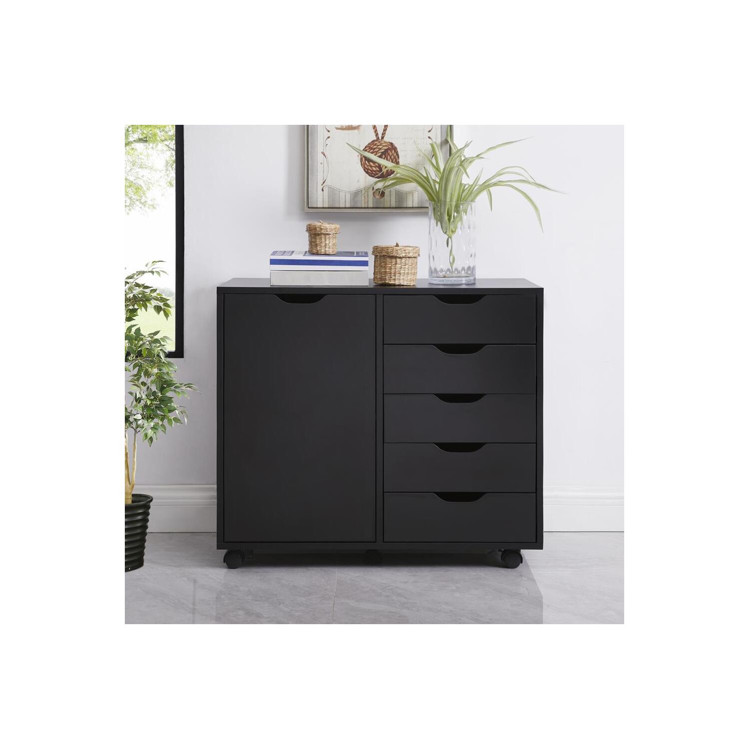 Naomi Home 5 Drawer Dresser, Tall Dressers for Bedroom, Kids Dresser with Wheels, Storage Shelves with Drawers, Small Dresser for Closet, Makeup Dresser with 180 lbs Capacity - Black