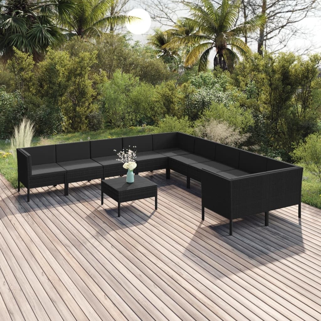 11 Piece Patio Lounge Set with Cushions Poly Rattan Black