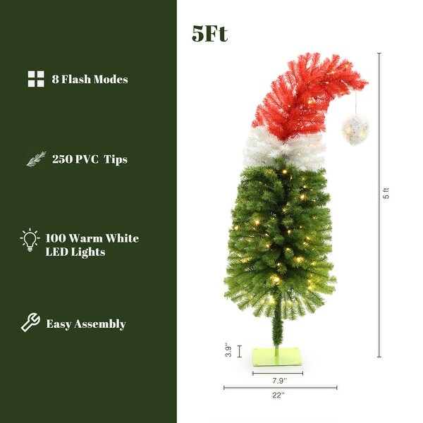 5Ft PreLit Artificial Tree with Santa Hat Treetop with 8 Lighting Modes