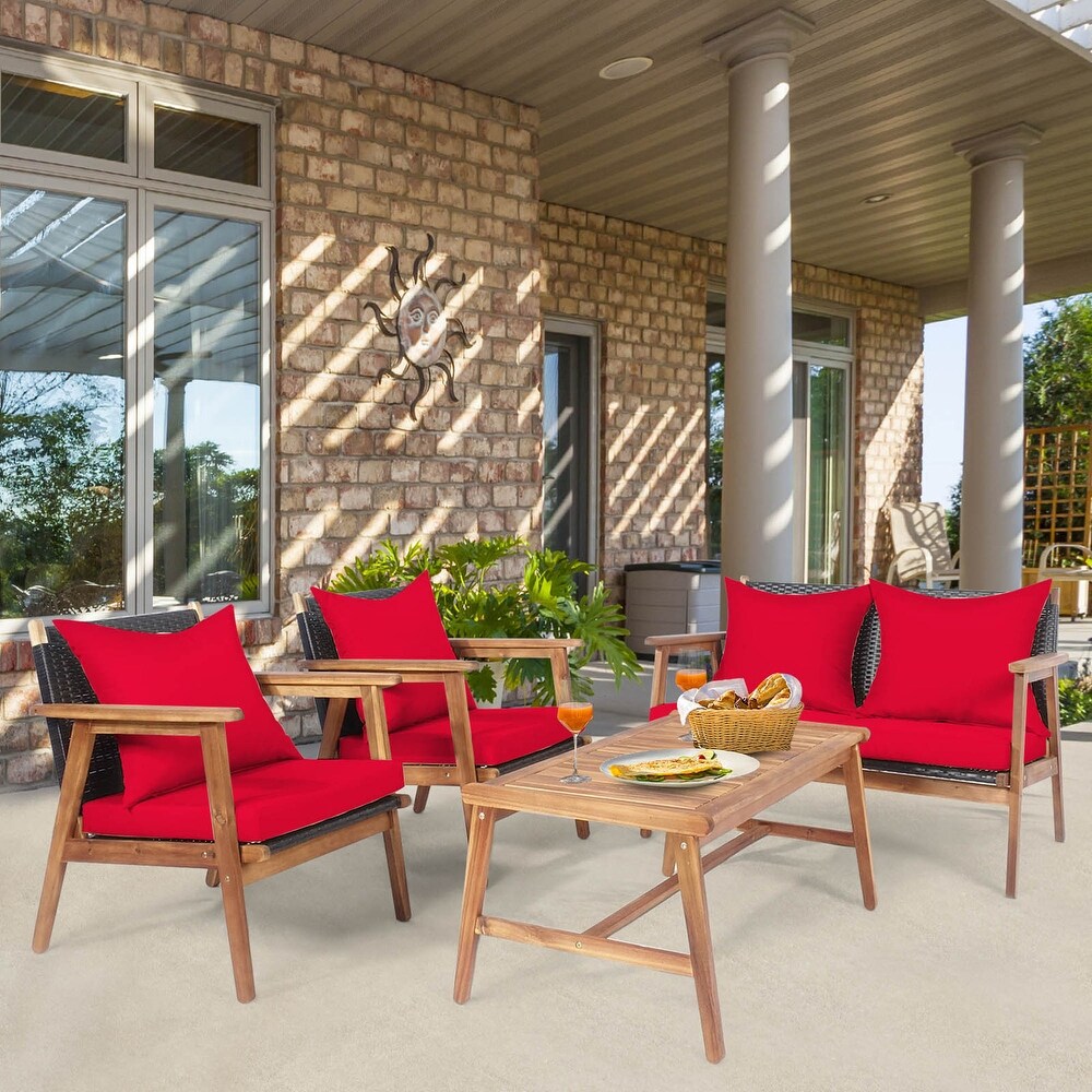 Gymax 8PCS Patio Conversation Set Wood Frame Furniture Set w/ Red   See Details