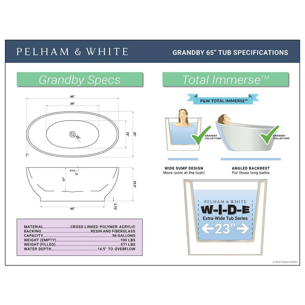 PELHAM  WHITE W-I-D-E Series Grandby 65 in. Acrylic Oval Freestanding Bathtub in White Drain in White PW82082-W