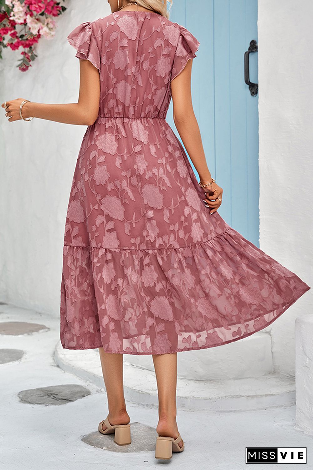 Plain Texture Floral V Neck Ruffles Maxi Dress