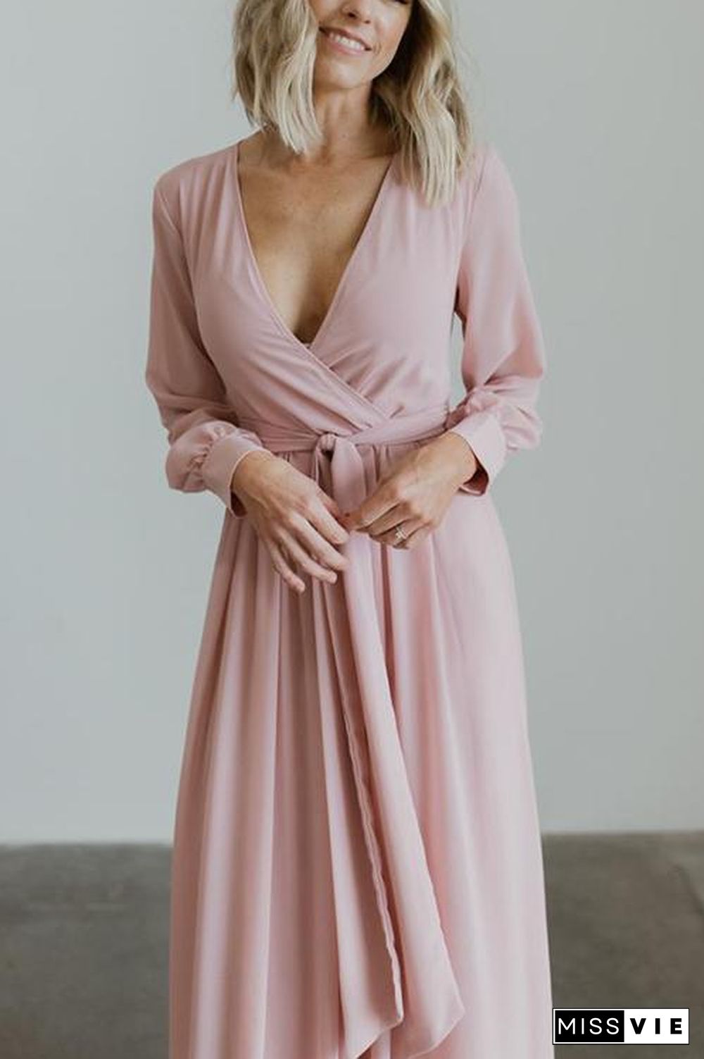 Button Puff Sleeve Belted Maxi Dress