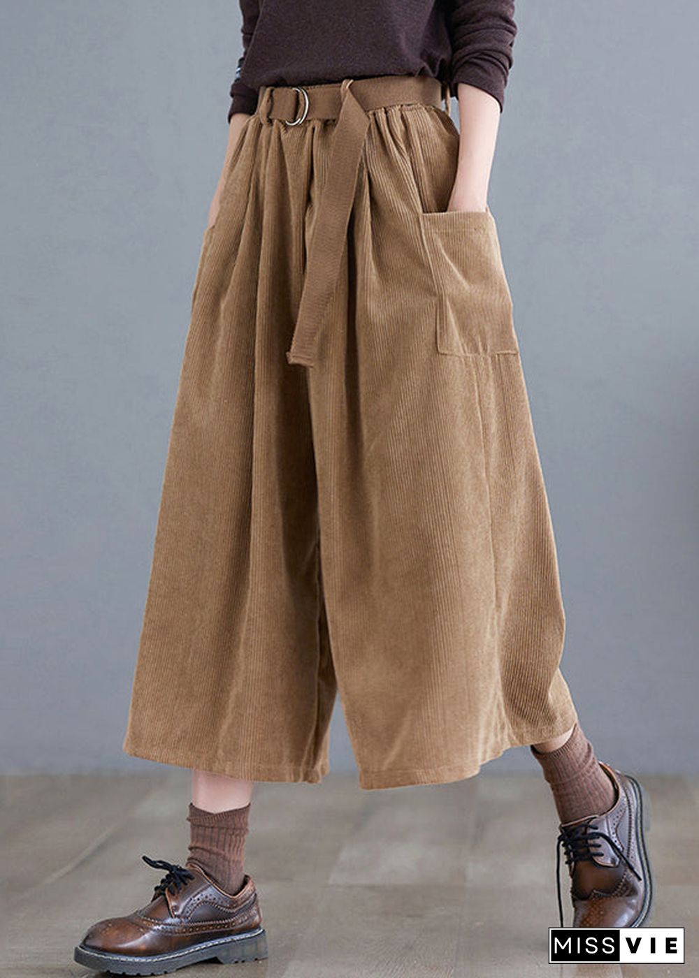 French Khaki Oversized Pockets Corduroy Pants Fall