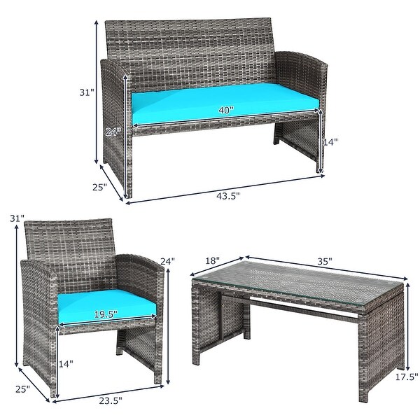 Costway 4PCS Patio Rattan Furniture Set Conversation Glass Table Top