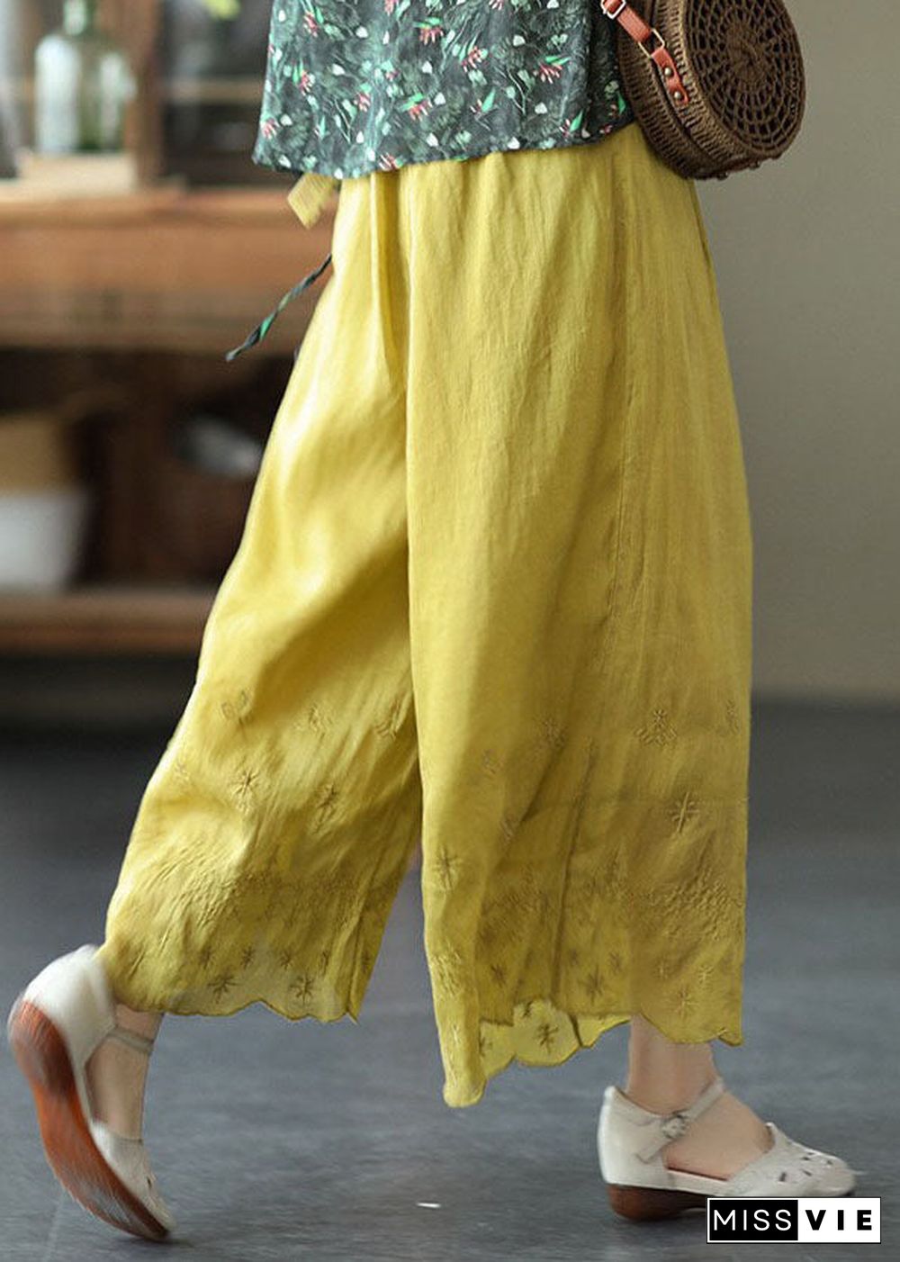 Plus Size Yellow Elastic Waist Embroideried Linen Crop Pants Summer