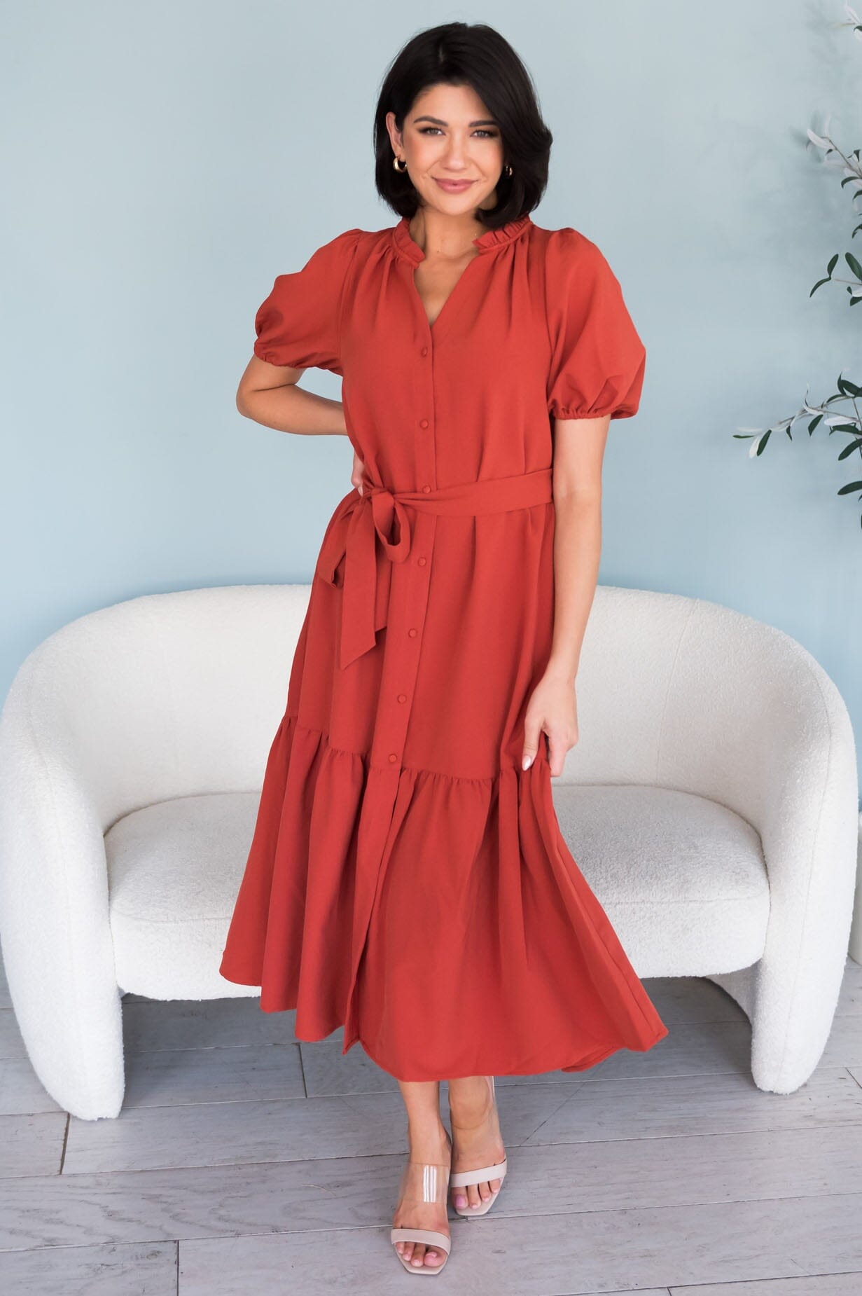 Alaska V-neck Puff Sleeve Spring Dress-Persimmon Red