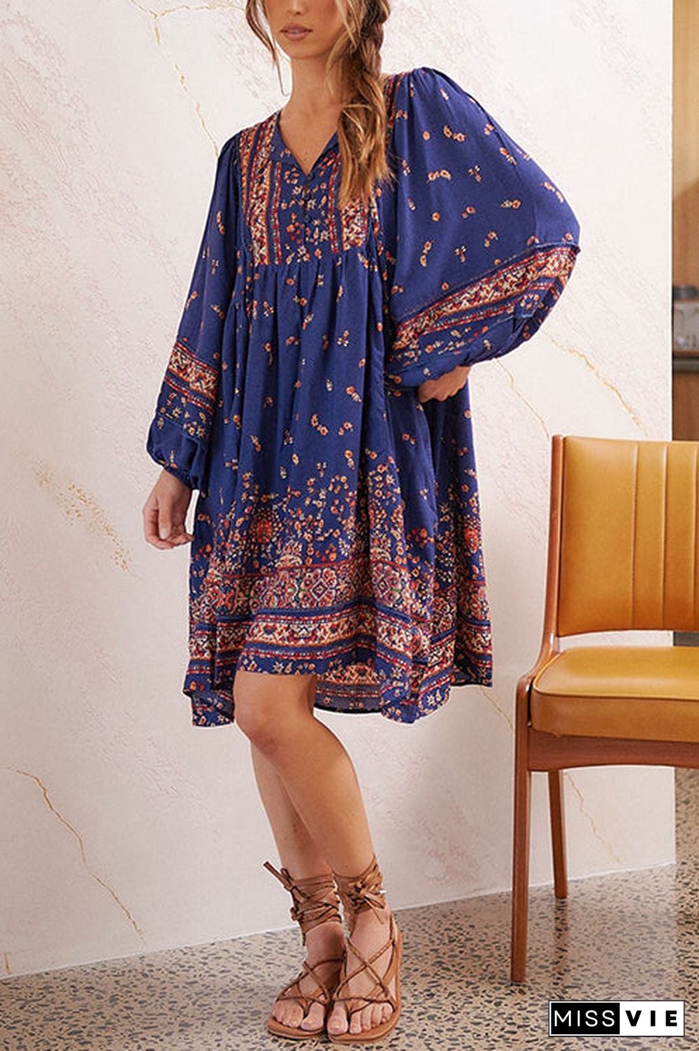 Boho Print Long Sleeve Mini Dress