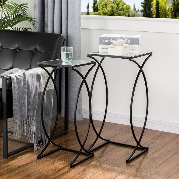 Glitzhome Set of 2 Modern Glam Glass Top Nesting Side Table