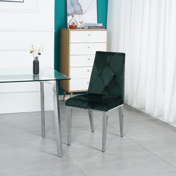 Modern Set of 2 Luxury Home Furniture Dinning Room Chairs Metal Frame with Foam Chrome Legs Green Velvet Fabric Dining Chairs