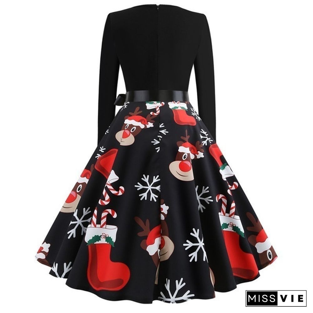 Autumn Winter Fashion Lady Xmas Clothes Christmas Costume Casual Long Sleeve Halloween Print Party Dress