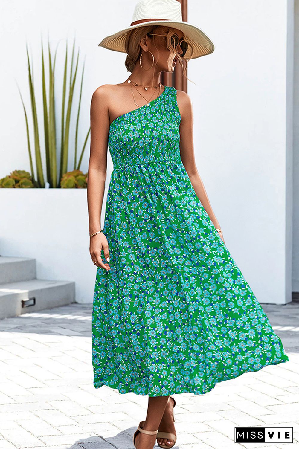 One SHoulder Flower Print Long Dress