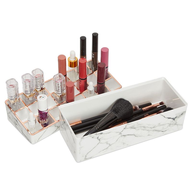 2-Tier Marble Makeup Organizer with Gold Trim， Lipstick Display Case， Brushes and Vanity Storage (9.15 x 4.5 x 3.75 in)