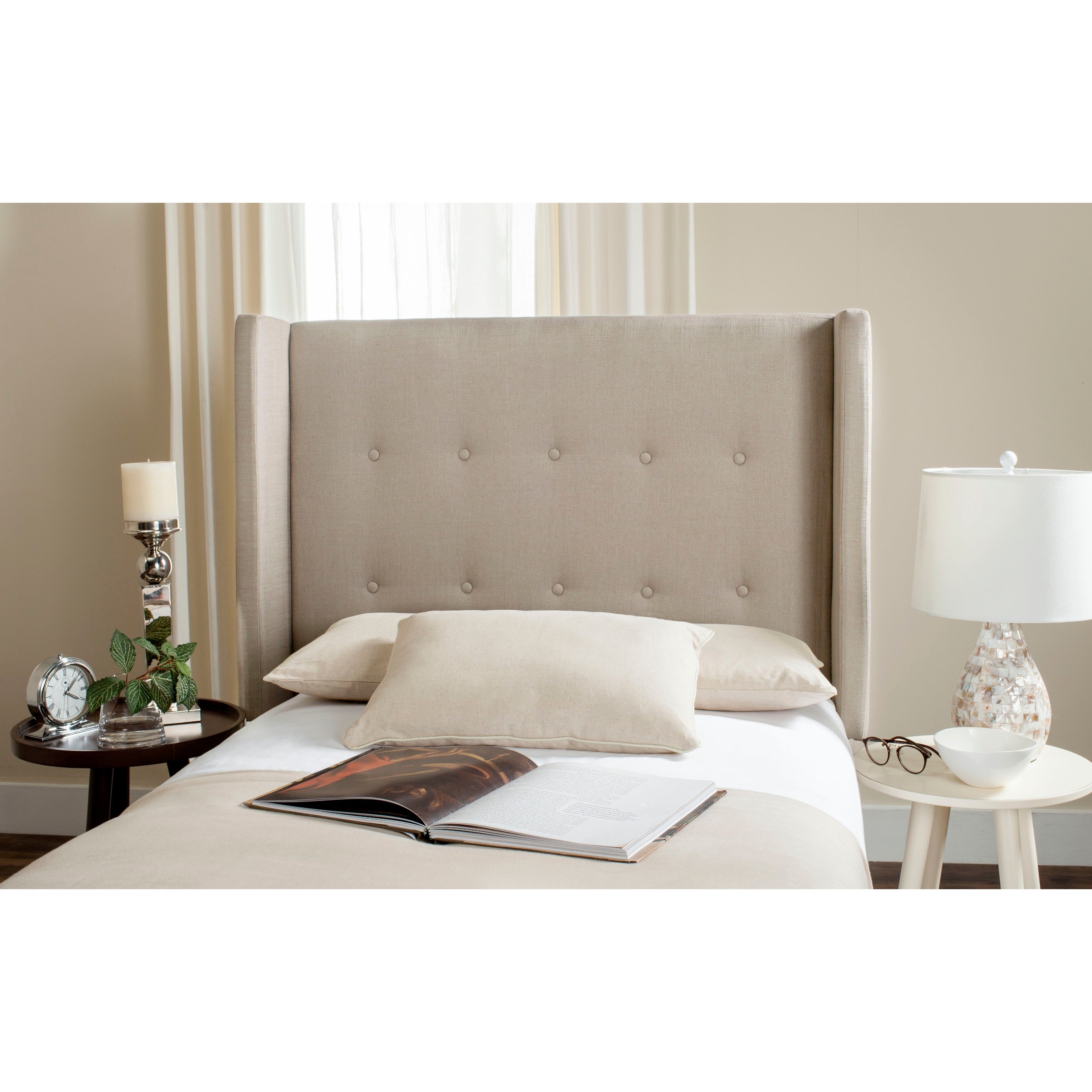 SAFAVIEH Damon Oyster Upholstered Tufted Wingback Headboard (Twin) - - 11081603